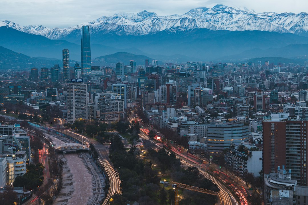 Santiago Chile financial district skyline against the Andes mountains