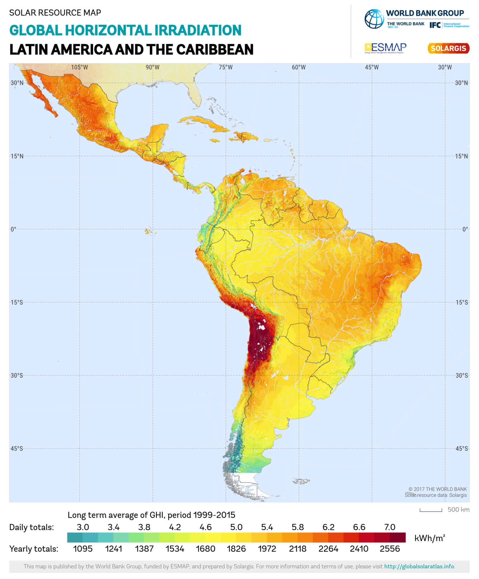 Global Solar Atlas mapping indicating severe solar irradiance and resource potential across Latin America and the Caribbean basin.